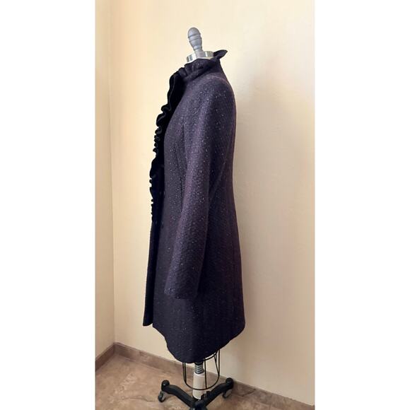 DKNY Vintage Wool Ruffle Tweed Coat Size 2 Cabernet Retro High Neck Jacket - Picture 3 of 8